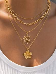 4pcs Fashion Minimalist Floral Sun Pendant Necklace Set For Women, Suitable For Vacation, Date, Party, Ball, Banquet, Holiday, Birthday Gift, Daily Wear - Yellow Gold - View 1