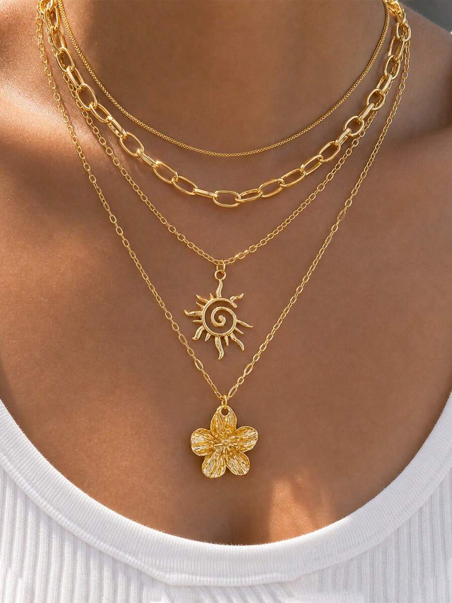 4pcs Fashion Minimalist Floral Sun Pendant Necklace Set For Women, Suitable For Vacation, Date, Party, Ball, Banquet, Holiday, Birthday Gift, Daily Wear - Yellow Gold - View 1