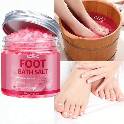 70g Sal de baño para pies con aroma a flor de cerezo. Fragancia delicada de flor de cerezo, gránulos suaves que se disuelven fácilmente. Para uso diario en baños de pies, limpia suavemente la piel de los pies, alivia la sequedad y la aspereza, y le da a la piel una textura suave y flexible; para baños de pies de ocio en el hogar, disfrute de un tiempo de baño relajante y acogedor.