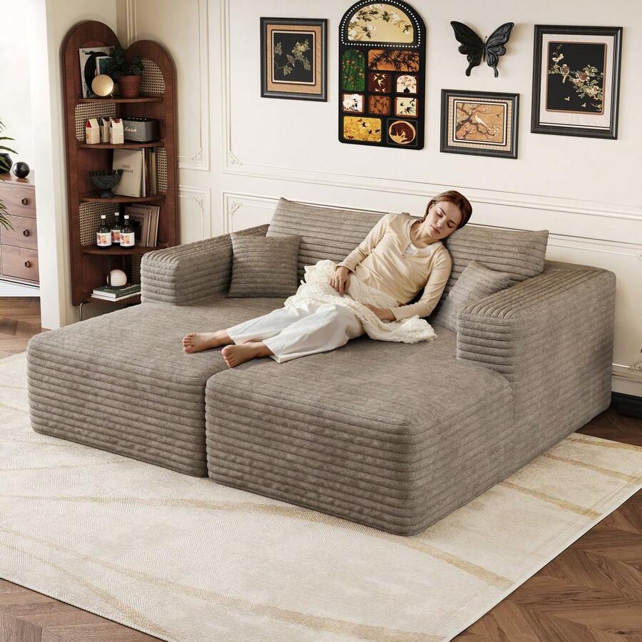 180*151cm, Sofá de pana cómodo, sofá tapizado moderno y minimalista, sofá chaise longue de esponja para sala de estar, sofá moderno sin estructura, sofá cama, negro - Chaiselongue-Camel - Ver 1