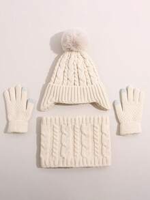 3pcs 2-8 Years Old Boys Girls Warm Set, Single Ball Double Ball Cute Winter Children Solid Color Hat Set - Multicolor - View 5