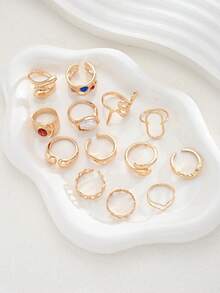 13pcs Fashion Minimalist Bohemian Colorful Rhinestone Snake Heart Water Drop Faux Pearl Gold Rings Set For Women, Vacation, Date, Party, Ball, Banquet, Holiday, Birthday Gift, Daily Wear - Yellow Gold - View 6