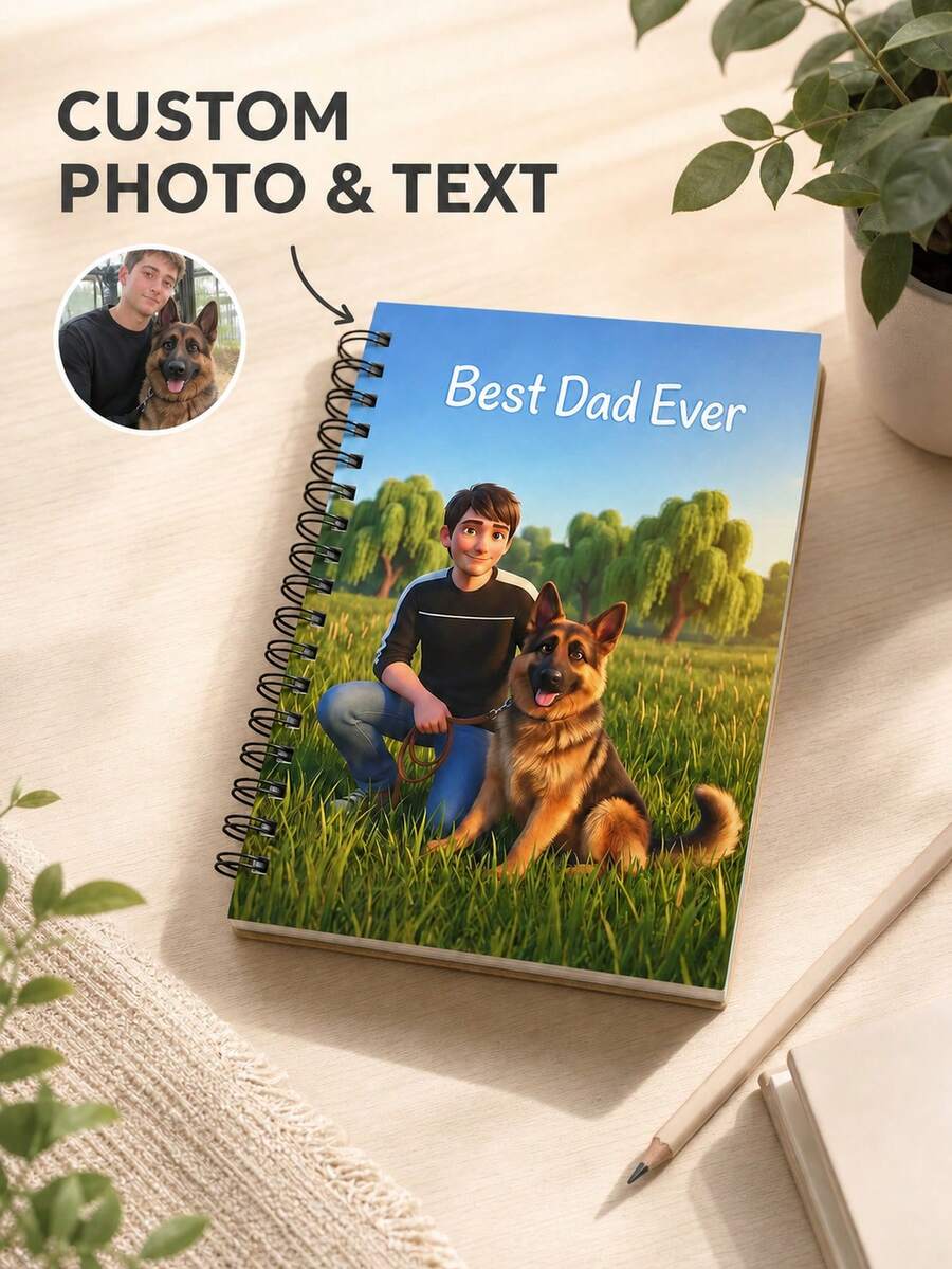 Customized Photo Cartoon Portrait Spiral Notebook, Personalized Illustration Diary Featuring Humans And Dogs, Customized Text Cover Notepad, The Best Gift For Dads, Commemorative Gift For Pet Lovers. - Multicolor - View 1