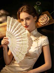 Elegant White Lace Floral Hand Fan With Gold Embroidery - Vintage Spanish Style Folding Fan For Wedding, Party & Summer Events - Multicolor - View 2