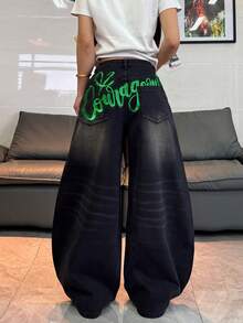 1pc American Street Style Embroidered Women's Cocoon Wide Leg Loose Comfortable All-Season Denim Pants (Belt/Accessories Not Included) - Black - View 7