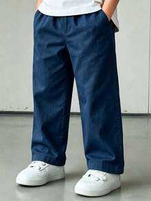 1件男童休閒直筒長褲，附口袋，4-7歲，春夏秋冬四季適用，返校穿搭 - 藏蓝色 - 查看 3