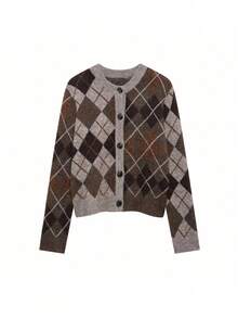 DEEKA Autumn/Winter New Women's European And American Style Fashion Minimalist Diamond Pattern Long Sleeve Single-Breasted Casual Cardigan Sweater - Brown - View 3