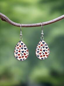 1 Pair Red & Blue Contrast Heart Romantic Vintage Pattern 316 Stainless Steel Water Drop Earrings For Women, Daily Wear, Gift - Ivory - View 3