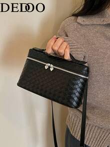 Dedoo 女款斜跨方包 手提化妝包 編織紋理 心形拉鍊 無吊飾 復古優雅日常女包 - 黑色 - 查看 10