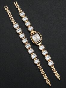 Women's Square Rhinestone Dial Quartz Bracelet Watch With Digital Scale + Square Rhinestone Bracelet (2pcs/Set) Watch Box Not Included - White - View 4