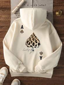 Women's Drawstring Pocket Hooded Sweatshirt, Leopard Print Bird & Letter Graphic On Chest, Soft Fabric, Loose Fit Casual Sweatshirt For Autumn/Winter - Apricot - View 9