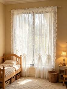 1pc White Floral Sheer Lace Curtain With Drawstring Design, No Drilling Required, Lightweight, Suitable For Baby Shower Decoration, Gender Reveal Decoration, Children's Room Decoration - Multicolor - View 1