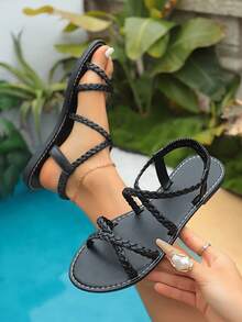 New Women's White Flat Sandals With Woven Straps, Cross-Over Open Toe, Square Toe, Comfortable Design, Bohemian Style For Beach And Vacation - Black - View 2