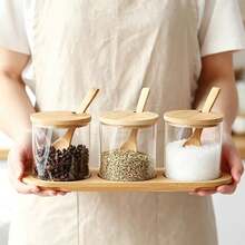 300ml Glass Spice Jar, Kitchen Seasoning Storage Container, Salt Jar, Coffee Storage Canister, Glass Storage Container With Bamboo Lid And Spoon, 2/3pcs Set With Bamboo Tray, Suitable For Kitchen Spices, Dry Ingredients, Sugar, Black Pepper, Coffee Food Storage - Clear - View 6