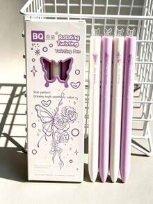 1/4pcs 3D Clover Butterfly Round Ballpoint Pens, Heart Star Rotating Twist Neutral Pens, Minimalist Morandi Color Rotating Ink Core, Smooth Black Ink, Student Study Gift Stationery Box, Office And School Supplies, Back To School Gift For Friends - Multicolor - View 7