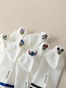 Disney 女款刺繡「耳朵」船襪 1/5/10雙組，春夏秋薄款白色運動短襪，柔軟透氣不勒腳，百搭低筒踝襪，隨機配色 - 彩色 - 查看 6