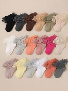 1/5 Pairs Baby Girl Multi-Color Ruffle Socks Soft Breathable Mesh Earth Tone Toddler Frill Princess Superme Socks,Socks For Girls,Back To School - Multicolor - View 5