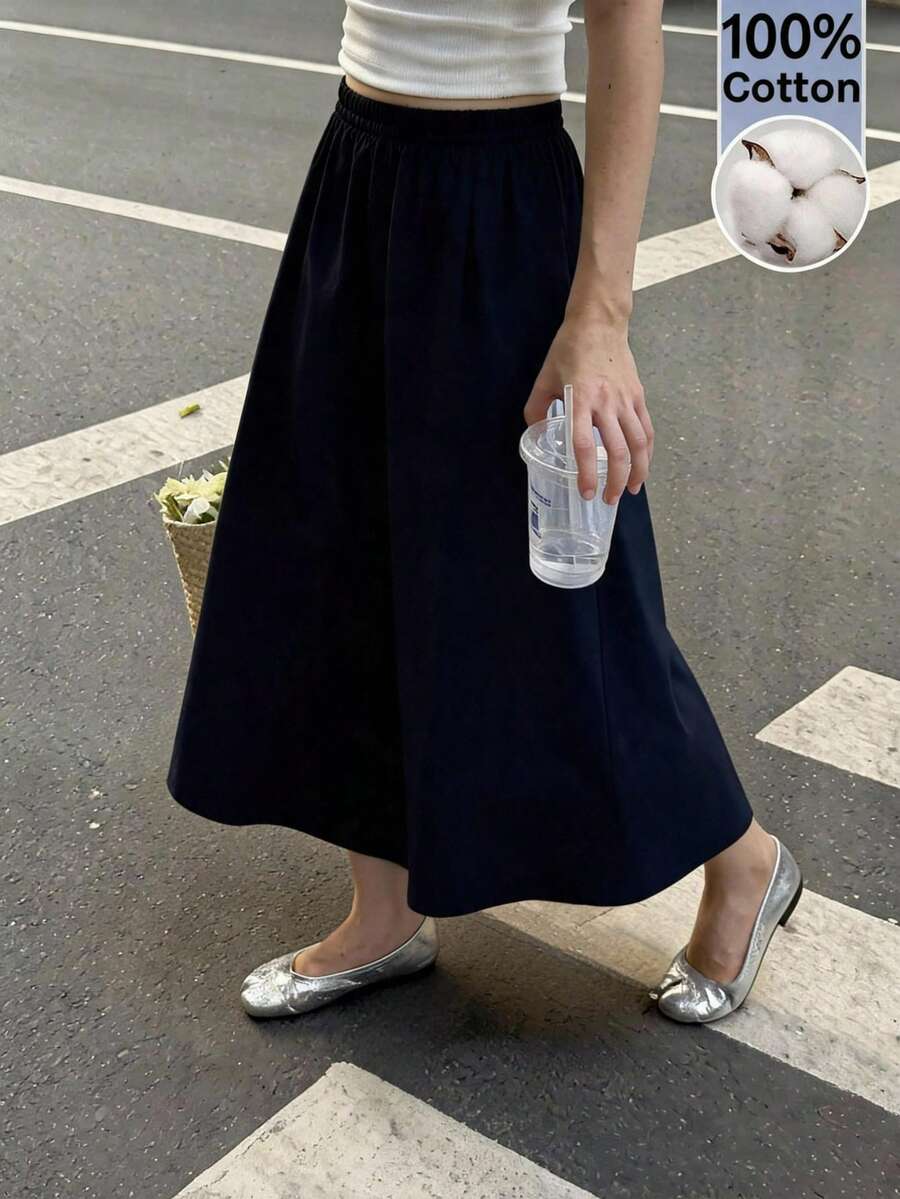 Elastic Waist Flared Skirt - Navy Blue - View 1