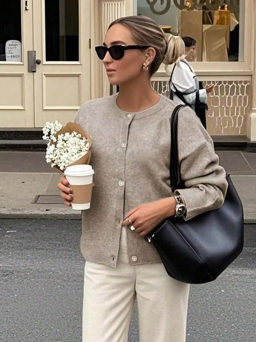 Women's Solid Color Crew Neck Long Sleeve Knit Cardigan - Khaki - View 1