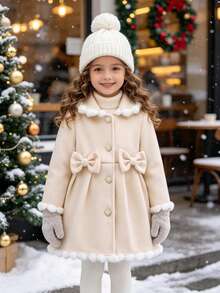 Girls' Elegant Exquisite Wool Coat, Autumn/Winter Fashion New Style, Cute Bow Decor, Patchwork Faux Fur Peter Pan Collar, Single-Breasted Button Front, Apricot Long Sleeve Mid-Length Knee-Length Jacket, Back To School - Apricot - View 2