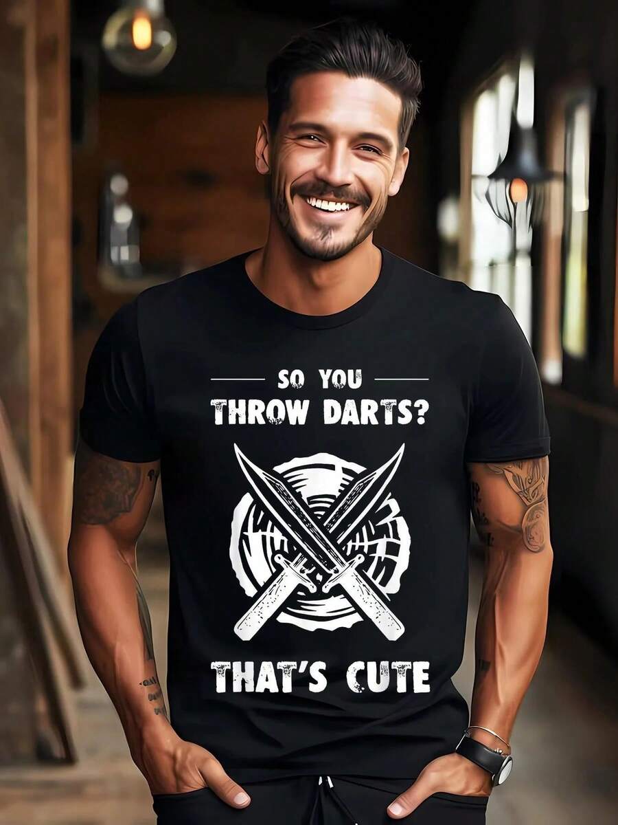 Funny Western Cowboy T-Shirt For Men - Humorous Design With Crossed Knives, Machine Washable, Short Sleeve, Round Neck - Black - View 1