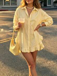 Women's Plus Size Yellow Shirt Dress, Classic Collar Design, Long Sleeve, Front Button Closure, Double Layer Ruffle Hem, Loose Fit, Suitable For Beach Vacation As Casual Outerwear Or Robe-Style Dress - Yellow - View 1
