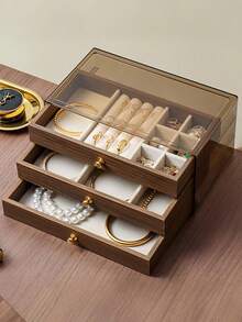 3-Tier Jewelry Box, Wooden Jewelry Storage Box, Acrylic Jewelry Organizer, Retro Style Jewelry Box, Drawer Type Jewelry Box, Cosmetic Storage Box, Can Display Rings, Earrings, Necklaces, Bracelets School Supplies - Jewelry Box - View 1