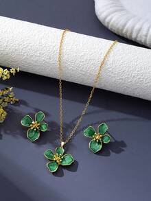 3pcs/Set Minimalist Vintage Elegant Enamel Drip Flower Pendant Necklace & Earrings Set For Women, Suitable For Beach, Vacation, Party, Banquet, Daily Wear - Green - View 2