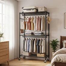 Rolling Garment Rack, Heavy-Duty Clothes Rack With Wheels, 3-Tier Adjustable Wire Shelf With 2 Hanging Rods And Side Hooks, Portable Closet Organizer, Black - Black - View 8