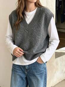 New Autumn/Winter Women's Knitted Top Simple V-Neck Pullover Sweater Vest - Grey - View 4