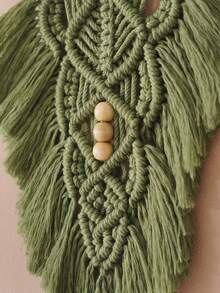1pc Macrame Wall Hanging, Handwoven Boho Style Wall Decor Tapestry, Green & Ivory Leaf & Feather Background - Multicolor - View 4