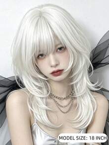 18 Inch White Fluffy Bangs Wig, Natural Layered Voluminous Synthetic Hair Wig, COSPLAY Women Daily Anime Character Role Play Party - Multicolor - View 2