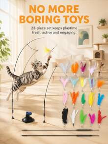 7Alas 23Pcs Interactive Cat Teaser Wand Set With Detachable Feather & Bell Replacement Heads, Suction Cup Handheld Dual-Mode Indoor Hunting Exercise Toys For Kittens And Adult Cats, Self-Play Or Owner Bonding - View 8