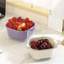 Mesuca 2-In-1 Fruit Washing Basket Kitchen Storage Bowl, Purple Large & White Medium, Double Layer Drainage Design Detachable Strainer Basket Set, 2pcs - Large + Medium - View 2