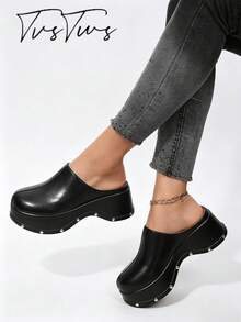 Vintage Minimalist Closed-Toe Perforated Mule Shoes, Rivet Wavy Platform Sole Slip-On Slippers - Black - View 4