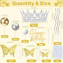 40pcs/12pcs/1pc Pink Rhinestone Crown Happy Birthday Acrylic Cake Topper Set, Gold Hollow Butterfly & Mini Ball Foam For GirlsBirthday Cake Decorations - Multicolor - View 12