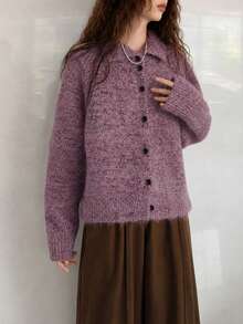 Women's Autumn Casual Minimalist New Floral Yarn Design Knit Cardigan Sweater Jacket Vacation Fall - Purple - View 5