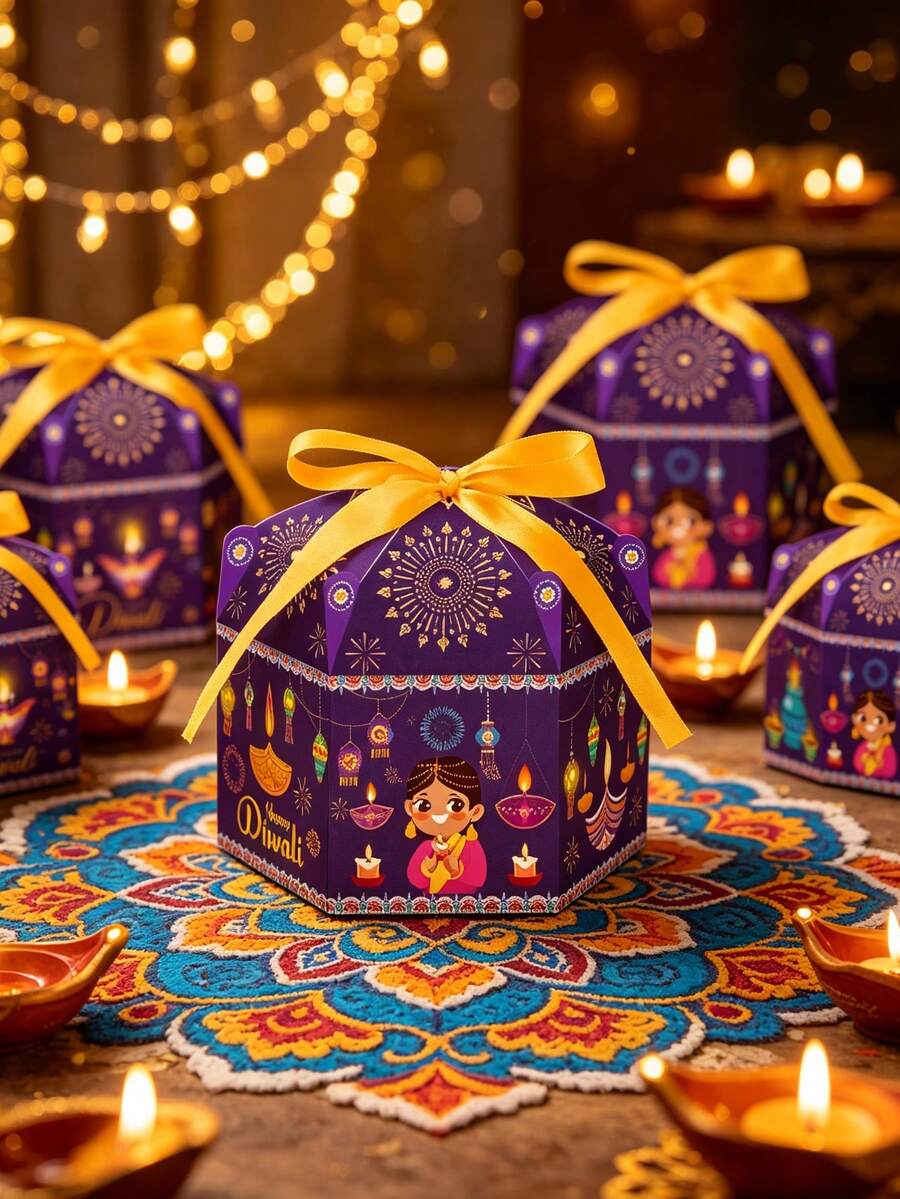 12/8pcs Diwali Party Oil Lamp, Fireworks Pattern Gift Boxes, Blue And Purple Hexagonal Gift Boxes With Yellow And White Dual-Color Ribbons, Diwali Party Decoration Boxes, Theme Party DIY Gift Boxes, Suitable For Diwali Celebration Decoration, Party Decoration, Birthday Party And Various Celebration Activities. - View 1