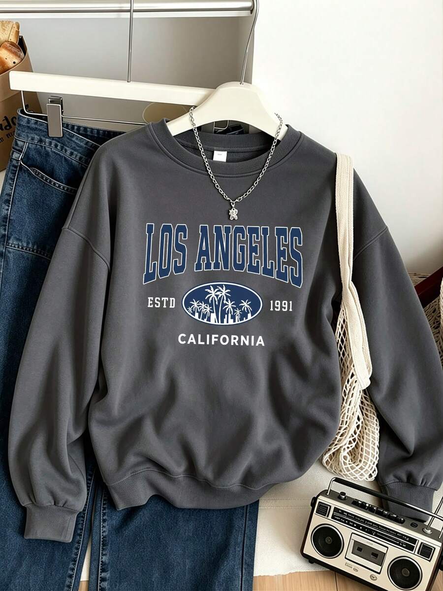 Teen Girl Casual Fun Print Crew Neck Long Sleeve Sweatshirt Autumn/Winter Top - Dark Grey - View 1