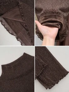 Shiny Mesh High Neck Fleece Lined Slim Fit Long Sleeve Top - Brown - View 9