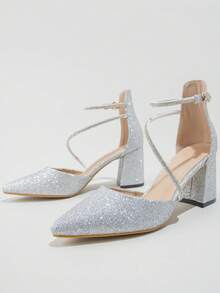 Pointed Toe Chunky High Heel, Rhinestone Decor Elegant Noble Suitable For Banquet Party Wear, Fashionable Versatile Hollow Women's Shoes. Black High Heels Red High Heels. - Silver - View 6