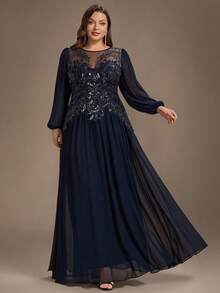 EVERPRETTY Autumn Plus Size Luxury Elegant Heavy Beaded Embroidery Long Sleeve Formal Evening Gown Suitable For Evening Party Formal Occasions Anniversary - Navy Blue - View 6