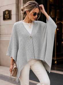 Perirose Women's Gray Basic Knit Poncho Sweater Button Front V Neck Batwing Cape Cardigan Loose Fit Fall Clothes Casual Work Tops For Women Homecoming Party - Grey - View 5