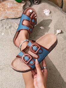 Vintage Denim Blue Adjustable Design Double Strap Double Buckle Women's Slippers, Women's Summer Outdoor Casual Sandals - Denim - View 12