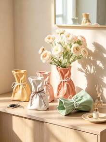 Bag-Shaped Resin Vase, Pleated Bag Design With Bow Rope Decoration, Modern Aesthetic Tabletop Vase, Home Living Room Bookshelf Decor - Multiple Styles - View 3