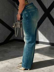 Celana Jeans Denim Wanita Model Lurus Longgar Bergaya Vintage dengan Efek Usang - Dark Wash - View 2