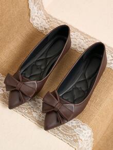Pointed Toe Low Vamp Bow Flat Shoes, Delicate Satin Texture Soft High-End Feel, Versatile Shoes. - Brown - View 18