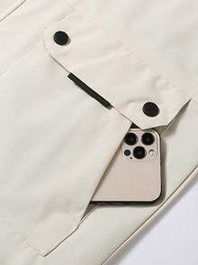 Men's Letter Print Hooded Utility Jacket, Casual Outdoor Long Sleeve Coat - Beige - View 7