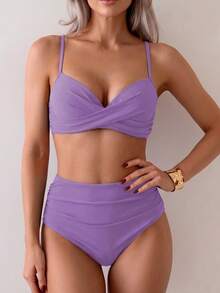 Summer Solid Color Elegant Bohemian Sweet Style Two Pieces Bikini Swimsuit Beach Vacation Set - Mauve Purple - View 6