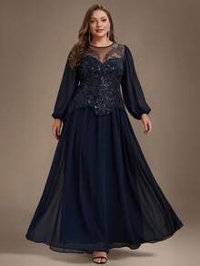 EVERPRETTY Autumn Plus Size Luxury Elegant Heavy Beaded Embroidery Long Sleeve Formal Evening Gown Suitable For Evening Party Formal Occasions Anniversary - Navy Blue - View 3